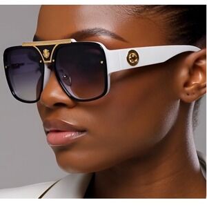 Aviator Sunglasses‎ White Frame Black Lens Gold Designer Style Shades Women 2026